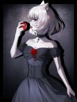  1girl animal_ear_fluff animal_ears aqing_1229 black_border black_choker black_corset black_dress blood blood_from_mouth border breasts cat_ears cat_girl choker collarbone colored_skin commentary corset dress english_commentary fang food fruit grey_background highres holding holding_food holding_fruit large_breasts looking_at_viewer mio_(xenoblade) outside_border red_eyes short_hair solo strapless strapless_dress vampire white_hair white_skin xenoblade_chronicles_(series) xenoblade_chronicles_3 