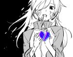  1girl aaniko bandaid bandaid_on_cheek bandaid_on_face black_background blood blood_from_mouth breast_pocket coughing ene_(kagerou_project) glitch greyscale hair_over_one_eye heart jacket kagerou_project long_hair long_sleeves looking_at_viewer monochrome pocket solo spot_color turtleneck turtleneck_jacket two-tone_background upper_body white_background zipper zipper_pull_tab 