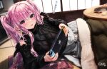  1girl bag black_sweater blurry blurry_background blush breasts clothing_cutout fingernails grey_skirt handheld_game_console holding holding_handheld_game_console indoors kotatsu long_hair long_sleeves looking_at_viewer lying nintendo_switch on_side open_mouth original pink_eyes pink_hair plaid_clothes plaid_skirt shoulder_cutout skirt solo sweater table tatami turtleneck turtleneck_sweater twintails under_kotatsu under_table unohana_pochiko 
