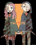 2girls arm_at_side bandages black_background black_collar blonde_hair blood blood_on_clothes blood_on_knife blood_on_mask blue_jacket blush braces brown_eyes collar colored_eyelashes contrast cowboy_shot dated dead_by_daylight deformed dot_nose english_commentary english_text facing_viewer friends gradient_hair green_hoodie grin highres holding holding_hands holding_knife hood hood_down hood_up hooded_jacket hoodie jacket jitome julie_kostenko knife light_smile long_hair looking_at_viewer multicolored_hair multiple_girls orange_background pants pantyhose pink_hair plaid_clothes plaid_skirt pleated_skirt raised_eyebrows revealing_layer short_bangs short_eyebrows simple_background skinny_jeans skirt smile susie_lavoie tanabe1921 the_legion_(dead_by_daylight) wavy_hair white_mask x_mouth 