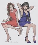  2girls aerith_gainsborough armpits arms_up black_hair blue_dress breasts brown_hair cleavage crescent crescent_earrings crescent_moon dress earrings final_fantasy final_fantasy_vii final_fantasy_vii_remake full_body green_eyes hair_ribbon high_heels jewelry large_breasts legs long_hair looking_at_another moon multiple_girls official_alternate_costume open_mouth pink_dress ribbon shillo simple_background sitting sleeveless sleeveless_dress tifa_lockhart tifa_lockhart&#039;s_refined_dress twitter_username 