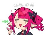  1girl :d =_= ? bandaid_on_finger black_bow bow chibi chibi_only commentary dasdokter earrings english_commentary hair_bow halo hololive hololive_english horns index_finger_raised irys_(hololive) jewelry open_mouth pink_hair pointy_ears single_earring smile solo star_halo tears twintails virtual_youtuber 