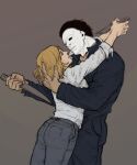  1boy 1girl berman1983 blonde_hair halloween_(movie) hand_on_another&#039;s_head holding holding_knife holding_weapon knife long_sleeves mask michael_myers shirt simple_background weapon white_mask white_shirt 