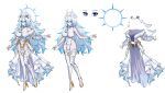  1girl absurdres ahoge blue_eyes blue_flower blue_hair braid breasts closed_mouth colored_tips covered_navel dress flower fur-trimmed_dress fur_trim gold_shoes hair_flower hair_ornament halo head_wings high_heels highres indie_virtual_youtuber large_breasts leotard long_hair long_sleeves minster_(dooke) multicolored_hair oumiya_emma pelvic_curtain reference_sheet shoes smile thighhighs virtual_youtuber white_dress white_hair white_leotard white_thighhighs white_wings wings 