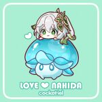  1girl artist_name blush character_name chibi chibi_only closed_mouth commentary_request fungi_(genshin_impact) genshin_impact green_background green_eyes green_hair hair_between_eyes hair_ornament leaf_hair_ornament long_hair nahida_(genshin_impact) sally_(pacch0614) side_ponytail smile solo star-shaped_pupils star_(symbol) symbol-shaped_pupils white_hair 