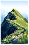  artist_name blue_sky border commentary dated day english_commentary flower grass highres landscape lilblueorchid mountain mountainous_horizon mountaintop nature no_humans original outdoors path peak photo-referenced rock scenery sky switzerland white_border white_flower 