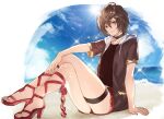  1boy alternate_costume arm_support bad_anatomy beach brown_hair closed_mouth crossed_legs doushite gladiator_sandals granblue_fantasy high_heels legs looking_at_viewer male_focus outdoors red_sandals red_shorts sandalphon_(granblue_fantasy) sandals shorts smile solo strappy_heels thigh_strap toes 