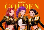  3girls black_hair black_jacket braid brown_eyes crop_top double_bun earrings eyeshadow glitter glitter_makeup gold_eyeshadow hair_bun halterneck highres jacket jewelry kpop_demon_hunters long_hair long_sleeves looking_at_viewer makeup mira_(kpop_demon_hunters) multiple_girls open_clothes open_jacket orange_background pink_hair purple_hair rumi_(kpop_demon_hunters) sethkiel shirt single_braid smile solo two_side_up upper_body very_long_hair white_shirt zoey_(kpop_demon_hunters) 