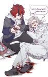  2boys absurdres anger_vein aotsuki_eito bandages black_hair black_pants black_shoes blood blood_on_clothes blue_eyes chinese_commentary chinese_text commentary_request first_aid_kit glasses grey_hair grey_jacket highres hood hood_down hooded_jacket hoodie jacket jacket_over_hoodie knife lying male_focus multicolored_hair multiple_boys on_side open_clothes open_jacket open_mouth pants rectangular_eyewear red_hair semi-rimless_eyewear shoes short_hair sitting smile speech_bubble streaked_hair sumino_takumi sweat the_hundred_line_-last_defense_academy- thigh_strap translation_request two-tone_hair waiaaaaaaa white_hoodie white_jacket white_shoes 