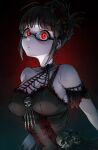  1girl absurdres akizuki_ritsuko antenna_hair bare_shoulders birthday black-framed_eyewear black_dress breasts brown_hair cleavage closed_mouth commentary dress english_commentary folded_ponytail glasses highres hold111 idolmaster idolmaster_(classic) looking_at_viewer red_eyes semi-rimless_eyewear skull_ornament solo staring under-rim_eyewear upper_body 
