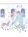 1girl abstract ahoge aqua_shirt bare_legs barefoot beamed_eighth_notes beamed_sixteenth_notes bird bow bug bunting butterfly cathinthecloud closed_eyes closed_mouth commentary deer english_commentary english_text eyelashes facing_down food full_body hair_bow highres hugging_own_legs knees_up long_hair long_sidelocks macaron masking_tape_(medium) mixed_media musical_note musical_staff original parted_bangs pink_hair polka_dot polka_dot_shirt purple_bow quarter_note shirt sidelocks signature sitting sparkle swan traditional_media treble_clef unconventional_media wavy_hair white_background window 