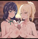  1boy 2girls asaka_karin bar_censor blonde_hair blue_eyes blue_hair blunt_bangs blush breasts censored cloud cloudy_sky cooperative_fellatio cooperative_paizuri cum cum_on_body cum_on_breasts cum_on_hair ejaculation erection facial fellatio ffm_threesome group_sex hetero highres large_breasts large_penis looking_at_viewer love_live! love_live!_nijigasaki_high_school_idol_club miyashita_ai multiple_girls neck_ribbon nipples oral outdoors paizuri penis ponytail ribbon short_ponytail sky sunset teamwork_(sexual) threesome wewe yellow_eyes 