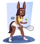 absurd_res anthro b0liy0 ball bottomwear brown_hair canid canine canis clothing dark_body dark_skin female footwear hair hi_res jackal kerchief mammal nubia_(b0liy0) shoes simple_background skirt sneakers solo straight_hair tennis_ball tennis_racket