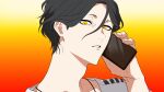  1boy black_hair commentary_request gradient_background hair_between_eyes hand_up highres holding holding_phone iwnm0313 looking_at_viewer male_focus meguriya_ayumu netsu_ijou_(utau) orange_background parted_lips phone shirt short_hair solo toshi_densetsu_kaitai_center upper_body white_shirt yellow_eyes 