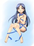  1girl alternate_eye_color barefoot blue_eyes blue_hair blue_ribbon blush breasts full_body hand_on_own_arm hands_up idolmaster idolmaster_(classic) kisaragi_chihaya knees_up long_hair looking_at_viewer minazuki_tsuyuha naked_ribbon navel parted_lips ribbon small_breasts solo 