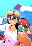  1boy 2girls absurdres amate_yuzuriha asphyxiation blue_eyes blue_hair commentary dark-skinned_female dark_skin drowning earrings english_commentary eyewear_on_head green_eyes grin gundam gundam_gquuuuuux highres jewelry long_sleeves looking_at_viewer meme multiple_girls nyaan_(gundam_gquuuuuux) out_here_living_my_best_life_(meme) pool qwetzo red_hair shuji_ito smile sunglasses water 