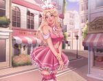  1girl :d aegyo_sal artist_name bad_perspective bakery bare_shoulders blonde_hair bow bowtie breasts building bush cake choker cleavage commentary commission cowboy_shot cross-laced_clothes cross-laced_top dear_dollie earrings english_commentary english_text food frilled_thighhighs frills glasses grin halo hand_on_own_arm highres jewelry lamppost light_particles long_hair looking_ahead marellowe medium_breasts midriff miniskirt off-shoulder_shirt off_shoulder outdoors petticoat pink-framed_eyewear pink_choker pink_halo pink_ribbon pink_shirt pink_skirt player_character_(roblox) pleated_skirt pointy_ears red_lips ribbon ribbon-trimmed_thighhighs ribbon_trim road roblox round_eyewear royale_high shirt shop sidewalk skirt smile solo sparkle standing street thighhighs turning_head white_bow white_bowtie white_thighhighs window zettai_ryouiki 