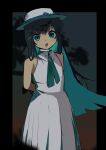  1girl arms_behind_back black_hair blue_eyes blue_hair blue_ribbon blurry blurry_background blurry_foreground boater_hat brooch cevio collared_dress colored_inner_hair commentary_request cowboy_shot dark dress embroidery empty_eyes futaba_minato gradient_neck_ribbon hair_ornament hairclip hat highres jewelry long_hair multicolored_hair open_mouth pleated_dress ribbon sabiaji_(gama_ou) single_sidelock sleeveless sleeveless_dress smile solo standing swept_bangs white_dress white_hat 