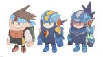  3others blue_gloves blue_headband bodysuit brown_eyes cosplay fall_guy fall_guys geo_stelar_(mega_man) geo_stelar_(mega_man)_(cosplay) gloves green_eyes headband helmet highres kukakooo lan_hikari_(mega_man) lan_hikari_(mega_man)_(cosplay) mega_man_(series) mega_man_battle_network mega_man_star_force megaman.exe megaman.exe_(cosplay) multiple_others omega-xis_(mega_man) standing visor white_background 