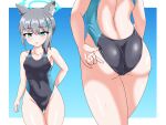  1girl adjusting_clothes adjusting_swimsuit animal_ear_fluff animal_ears ass ass_visible_through_thighs bangs black_swimsuit blue_archive blue_eyes breasts collarbone commentary_request competition_swimsuit covered_navel cowboy_shot cross_hair_ornament extra_ears grey_hair hair_ornament halo hayamiya_yuu highres looking_at_viewer low_ponytail medium_breasts medium_hair mismatched_pupils multicolored_clothes multicolored_swimsuit multiple_views one-piece_swimsuit shiroko_(blue_archive) shiroko_(swimsuit)_(blue_archive) swimsuit 