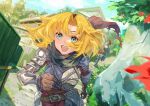  &gt;o&lt; 2girls absurdres aqua_eyes armor bangs blonde_hair elbow_gloves female_knight_(guardian_tales) future_princess gloves grin guardian_tales helmet highres medium_hair multiple_girls open_mouth outdoors parted_bangs pauldrons running shoulder_armor smile zuihou_de_miao_pa_si 