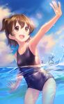  1girl akagi_miria armpits bangs blue_sky blue_swimsuit breasts brown_eyes brown_hair cloud collarbone commentary cover day hair_between_eyes hand_up idolmaster idolmaster_cinderella_girls kawaseki looking_away open_mouth outdoors outstretched_arm partially_submerged school_swimsuit short_hair short_twintails sky small_breasts smile solo sparkle sunlight swimsuit teeth thighs twintails upper_teeth water water_drop wet 
