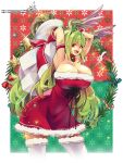  :d ahoge armband armpits bell blush bow bowtie breasts candy candy_cane christmas christmas_ornaments christmas_wreath cleavage corset dress food fur-trimmed_dress fur-trimmed_thighhighs fur_trim gloves green_background green_hair hat head_wings highres holding holding_sack holly huge_breasts long_hair mini_hat mini_santa_hat neck_bell open_mouth original pixiv_id pixiv_username red_armband red_background red_bow red_bowtie red_corset red_dress red_eyes red_gloves red_ribbon ribbon sack santa_costume santa_dress santa_hat shiny_skin smile snowflake_background snowflakes sparkle teeth thighhighs tongue twitter_username two-tone_background umigarasu_(kitsune1963) upper_teeth_only very_long_hair white_thighhighs wings wreath 