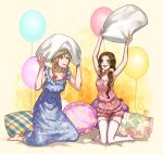  1boy 1girl aerith_gainsborough alternate_costume arms_up balloon bangs bare_arms blonde_hair blue_dress blue_eyes blush bow braid breasts brown_hair cloud_strife collarbone couple crossdressing dress final_fantasy final_fantasy_vii final_fantasy_vii_remake green_eyes hair_bow hair_over_shoulder halu-ca highres kneeling long_hair medium_breasts nightgown open_mouth pajamas parted_bangs pillow pillow_fight pink_pajamas pink_shirt pink_shorts scrunchie shirt shorts smile spiked_hair sweatdrop teeth thighhighs twin_braids upper_teeth wavy_hair 