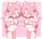  2girls :3 animal_ear_fluff animal_ears bikini blue_archive border cat_ears cat_girl cat_tail chlorella_observation_club_member_(blue_archive) chlorella_observation_club_member_(swimsuit)_(blue_archive) choker collarbone cowboy_shot extra_ears faceless faceless_female fang flat_chest front-tie_bikini_top front-tie_top hair_bobbles hair_ornament hair_over_eyes halo heart highres holding_hands hot interlocked_fingers multiple_girls naga_u navel official_alternate_costume open_mouth outside_border pink_background pink_bikini pink_hair pink_halo pink_theme side-tie_bikini_bottom simple_background striped_bikini striped_clothes swimsuit symmetry tail two_side_up v white_border white_choker 