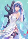  1girl blue_eyes blue_hair breasts bride closed_mouth del_depths dress elbow_gloves gloves gun highres long_hair looking_at_viewer maria_traydor smile solo star_ocean star_ocean_anamnesis star_ocean_till_the_end_of_time weapon wedding_dress 