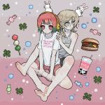  ? animal blonde_hair brutal_vap bubble burger candy clover dango food four-leaf_clover gradient_background gradient_hair green_hair headphones highres holding milk multicolored_hair original pink_background print_shirt rabbit red_hair shirt shorts simple_background tank_top wagashi 