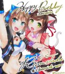  2015 :d animal_ear_headphones animal_ears arm_up blue_flower blue_rose bra breasts brooch brown_hair cat_ear_headphones cat_ears cat_tail character_name cleavage collar collarbone cropped_jacket dated fake_animal_ears fang flower frilled_bra frills gold_buttons green_eyes group_name happy_birthday headphones heart heart_brooch idolmaster idolmaster_cinderella_girls jewelry maekawa_miku navel over_the_collar_(idolmaster) paw_pose rose ryosesanzui smile sparkle tada_riina tail teeth thigh_gap twitter_username underwear upper_teeth_only white_wrist_cuffs wrist_cuffs 