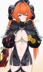  ... 1girl ? ?? ahoge areola_slip beret breasts cleavage commentary cowboy_shot donutman fingerless_gloves gloves hat heavy_breathing highres horns jacket large_breasts light_blush linea_alba long_hair looking_to_the_side magus_(zenless_zone_zero) navel open_clothes open_jacket opened_by_self orange_hair orange_pupils orpheus_(zenless_zone_zero) pointy_ears single_fingerless_glove spoken_ellipsis sweatdrop twintails yellow_eyes zenless_zone_zero 