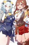  2girls atelier_(series) atelier_ryza atelier_ryza_3 black_dress blue_hair breasts brown_eyes brown_hair cleavage cowboy_shot dress fang hat heterochromia highres kaninoko large_breasts medium_hair multiple_girls open_mouth red_eyes reisalin_stout serri_glaus shirt simple_background white_background white_hat white_shirt yellow_eyes 