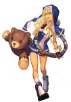  1girl :d bangs blonde_hair bow breasts bridget_(guilty_gear) character_request copyright_request cross cuffs fingerless_gloves full_body gloves guilty_gear handcuffs hungry_clicker medium_breasts nun open_mouth pointing pointing_at_self smile stuffed_animal stuffed_toy teddy_bear 