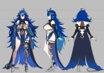  1girl absurdres ahoge armored_boots ball_and_chain_restraint black_bridal_gauntlets blue_cape blue_hair blue_nails blue_wings boots breasts bridal_gauntlets broken_horn brown_eyes cape chain closed_mouth collar cuffs feathered_wings fur_trim hair_between_eyes halo hand_on_own_hip highres hominamia horns indie_virtual_youtuber leotard low_wings metal_collar mole mole_on_breast multiple_views oumiya_emma oumiya_emma_(2.0) pelvic_curtain pointy_ears second-party_source see-through_clothes see-through_leotard showgirl_skirt sideboob single_thigh_boot single_thighhigh smile thigh_boots thighhighs tiara torn_clothes torn_leotard virtual_youtuber white_background wings 