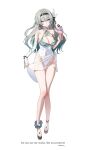  1girl alternate_costume aqua_hair bare_shoulders black_hairband breasts bridal_gauntlets cleavage closed_mouth colored_eyelashes covered_navel firefly_(honkai:_star_rail) full_body gradient_hair grey_hair hair_ornament hairband highres holding holding_ice_cream_cone honkai:_star_rail honkai_(series) ice_cream_cone legs long_hair looking_at_viewer multicolored_hair q_(llll4414_j) sandals simple_background single_bridal_gauntlet smile solo standing swimsuit twitter_username very_long_hair white_background white_bridal_gauntlets 