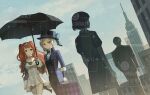  1boy 3girls black_coat black_dress black_hat black_jacket black_pants black_umbrella black_vest blue_bow blue_sky boater_hat bow building checkered_hairband city coat collared_dress commission cowboy_shot dress dutch_angle facing_away from_behind gloves grey_eyes grey_hair hair_bun hairband hand_up hat hat_bow high_collar holding holding_suitcase holding_umbrella jacket long_hair looking_at_viewer multiple_girls orange_hair outdoors pants pants_under_dress people reverse:1999 shared_umbrella short_dress short_hair short_sleeves single_side_bun sky smile sonetto_(reverse:1999) suitcase too_many_watermarks two_side_up umbrella vertin_(reverse:1999) vest waistcoat watermark white_dress white_gloves zhima_xing_bingle 