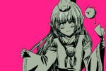  1girl 1other asahi_(dq10) blunt_bangs commentary_request creature_request dragon_quest dragon_quest_x greyscale_with_colored_background hat holding_ofuda japanese_clothes long_hair looking_at_viewer medallion ofuda ozogori_(user_tzaz2447) pink_background pointy_ears smile solo_focus tokin_hat upper_body 