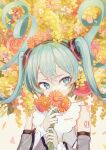  1girl aqua_eyes aqua_nails arm_tattoo commentary_request covering_own_mouth detached_sleeves fingernails flower grey_sleeves hair_between_eyes hatsune_miku hatsune_miku_(nt) highres holding holding_flower kotatsukarakita long_hair long_sleeves looking_at_viewer nail_polish number_tattoo piapro_studio pink_flower red_flower shirt sleeveless sleeveless_shirt solo tattoo twintails vocaloid white_shirt wide_sleeves 