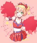  1girl alternate_costume aoi_rokushou artist_name blonde_hair bow cheerleader collarbone crop_top freyja_wion green_eyes hair_bow hair_ornament heart heart_hair_ornament highres holding holding_pom_poms macross macross_delta one_eye_closed orange_hair pom_pom_(cheerleading) ponytail red_bow red_skirt short_hair skirt smile solo star_(symbol) uta_macross_sumaho_deculture 