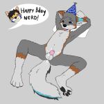  absurd_res anthro balls birthday bodily_fluids canid canine chastity_cage chastity_device cum cum_inside cum_on_self fluffydave fox genital_fluids genitals grey_fox hands_behind_head hi_res male mammal pawpads solo spread_legs spreading tongue tongue_out urocyon 