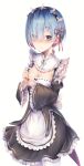  1girl absurdres apron bangs black_ribbon blue_eyes blue_hair blush breasts cleavage detached_sleeves frilled_apron frills hair_ornament hair_over_one_eye hair_ribbon highres looking_at_viewer maid maid_apron maid_headdress neck_ribbon pantyhose re:zero_kara_hajimeru_isekai_seikatsu red_ribbon rem_(re:zero) ribbon short_hair simple_background solo standing white_background white_pantyhose x_hair_ornament yuunamida_uyu 