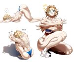  abs absurdres back bikini blonde_hair blue_bikini breast_press breasts broad_shoulders cat_shadow_puppet_(meme) hands_on_ground highres meme muscular muscular_female original qtime_702 shoes simple_background smile swimsuit thick_thighs thighs top-down_bottom-up white_shoes 