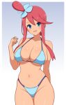  1girl :d arm_behind_back bare_shoulders bikini blue_bikini blue_eyes breasts cleavage collarbone commentary_request cowboy_shot groin hair_between_eyes hair_ornament hand_up highres ichiryuu_tsumiki large_breasts looking_at_viewer navel one_side_up open_mouth pokemon pokemon_bw red_hair short_hair_with_long_locks sidelocks skindentation skyla_(pokemon) smile solo standing stomach swept_bangs swimsuit 