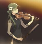  1girl aaniko black_background black_dress black_eyes bow_(music) chinese_commentary commentary_request covered_collarbone cowboy_shot diamond_cutout dress eyelashes flower green_hair hair_bun hair_flower hair_ornament hair_over_shoulder highres holding holding_bow_(music) holding_instrument holding_violin instrument kagerou_project kido_tsubomi lace_sleeves light_particles long_hair looking_at_viewer low_ponytail parted_lips pointy_nose ponytail see-through_clothes see-through_sleeves side_slit single_side_bun sleeves_past_wrists solo standing violin white_flower 