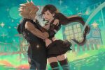  1boy 1girl armor bare_shoulders black_hair black_skirt black_thighhighs blonde_hair bridge cloud_strife couple crop_top earrings final_fantasy final_fantasy_vii final_fantasy_vii_remake gloves happy_tears hug jewelry long_hair looking_at_another low-tied_long_hair midriff navel shillo shoulder_armor skirt sleeveless sleeveless_turtleneck sparkle_background spiked_hair suspender_skirt suspenders sweater tank_top tears thighhighs tifa_lockhart town turtleneck turtleneck_sweater white_tank_top windmill 