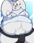 2025 anthro armpit_hair bear belly big_belly black_nose body_hair bulge clothing eyes_closed hi_res kemono kusosensei male mammal moobs nipples open_mouth overweight overweight_male paul_the_polar_bear polar_bear shirt simple_background solo topwear underwear ursine xxl_woofia