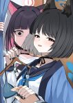  2girls animal_ears animal_print black_choker black_hair black_mask black_nails blue_archive blue_haori blue_neckerchief blue_sailor_collar blush cat_ears cat_girl cat_print choker colored_inner_hair halo haori highres holding holding_swimsuit holding_unworn_clothes japanese_clothes kazusa_(band)_(blue_archive) kazusa_(blue_archive) kikyou_(blue_archive) mi_taro333 multicolored_hair multiple_girls neckerchief official_alternate_costume parted_bangs pink_hair sailor_collar school_uniform serafuku shirt short_hair staring swimsuit unworn_swimsuit white_shirt 