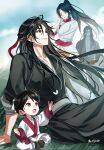  1girl 3boys aged_down basket black_hair black_hanfu black_shoes blue_sky brown_eyes bug butterfly child chinese_clothes closed_mouth cloud colored_skin copyright_name day gearous grass grey_skin hair_down hair_ribbon half_updo hand_up hanfu highres holding holding_basket lan_sizhui long_hair long_sleeves looking_at_another looking_up male_focus modao_zushi multiple_boys non-web_source official_alternate_hairstyle official_art on_grass open_mouth outdoors parted_lips ponytail red_eyes red_ribbon ribbon sash shoes sitting sky sleeves_rolled_up smile standing very_long_hair wei_wuxian wei_wuxian_(yiling_laozu) wen_ning wen_qing white_hanfu white_ribbon 